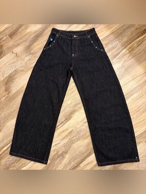 Aelfric Eden Dark Wash Baggy Barrel Rivet Raw Contrast Stitching Jeans Unisex 28